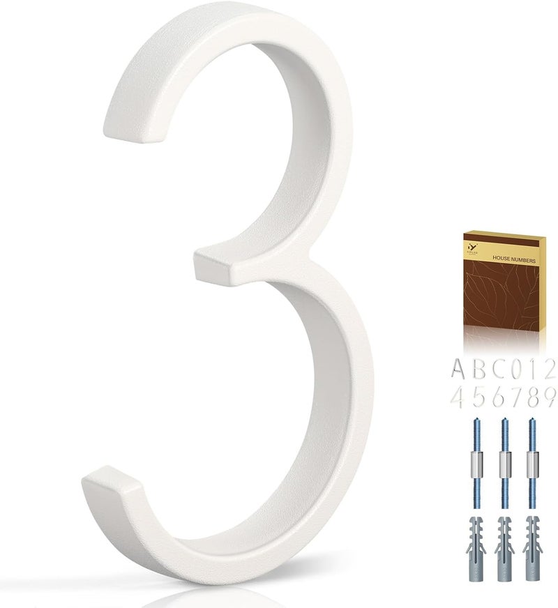 YIPLED 5 Inch House Numbers for Outside, Metal Address Number 3- Modern Design, Weather-Resistant White Crystal Powder Coated Finish, Stain Resistant, No Paint Peeling (White) - Image 1