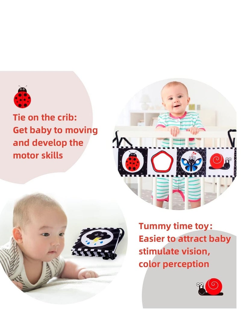Soofam Infant Tummy Time Black and White High Contrast Baby Book Brain Development  Sensory Educational Gift For Infant Boys Girls,Baby Cloth Book With Shake Bell Ring Rattles Early Development Toy - Image 3