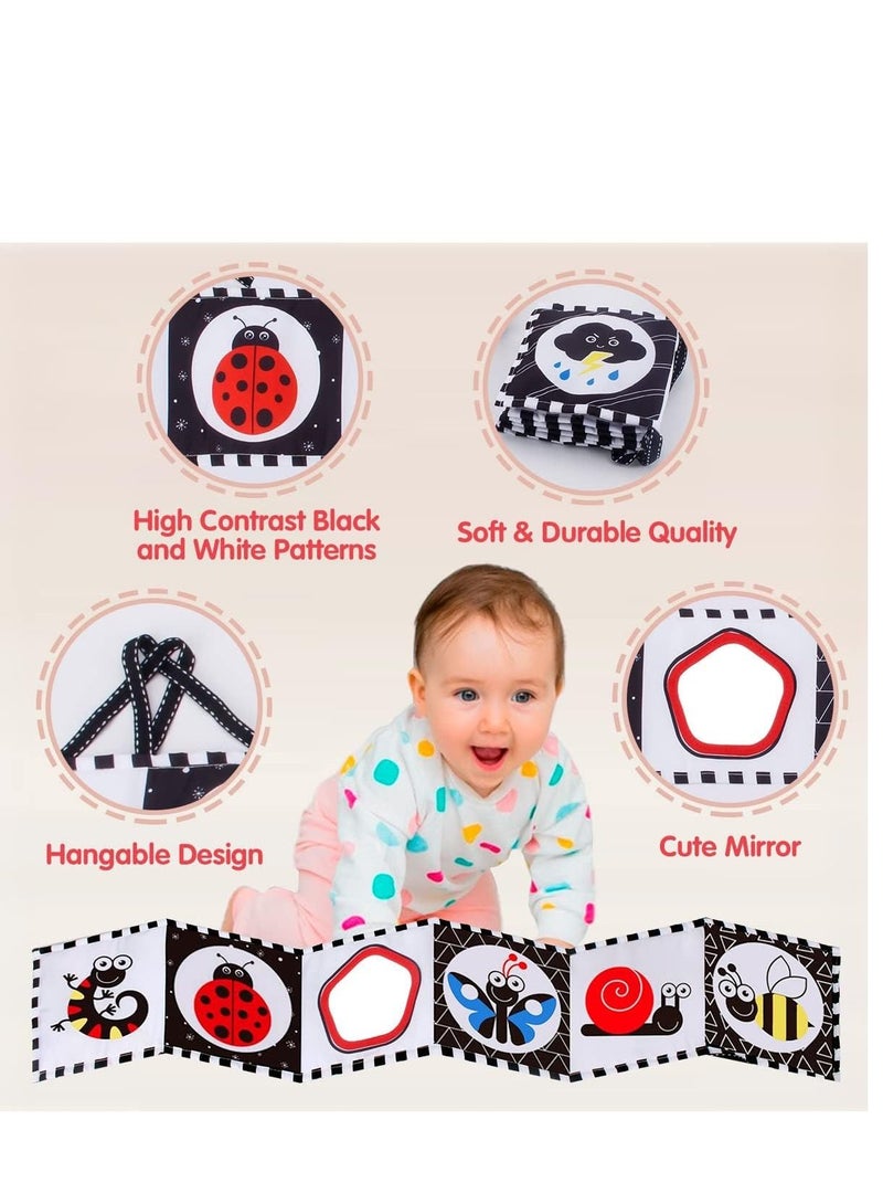 Soofam Infant Tummy Time Black and White High Contrast Baby Book Brain Development  Sensory Educational Gift For Infant Boys Girls,Baby Cloth Book With Shake Bell Ring Rattles Early Development Toy - Image 2