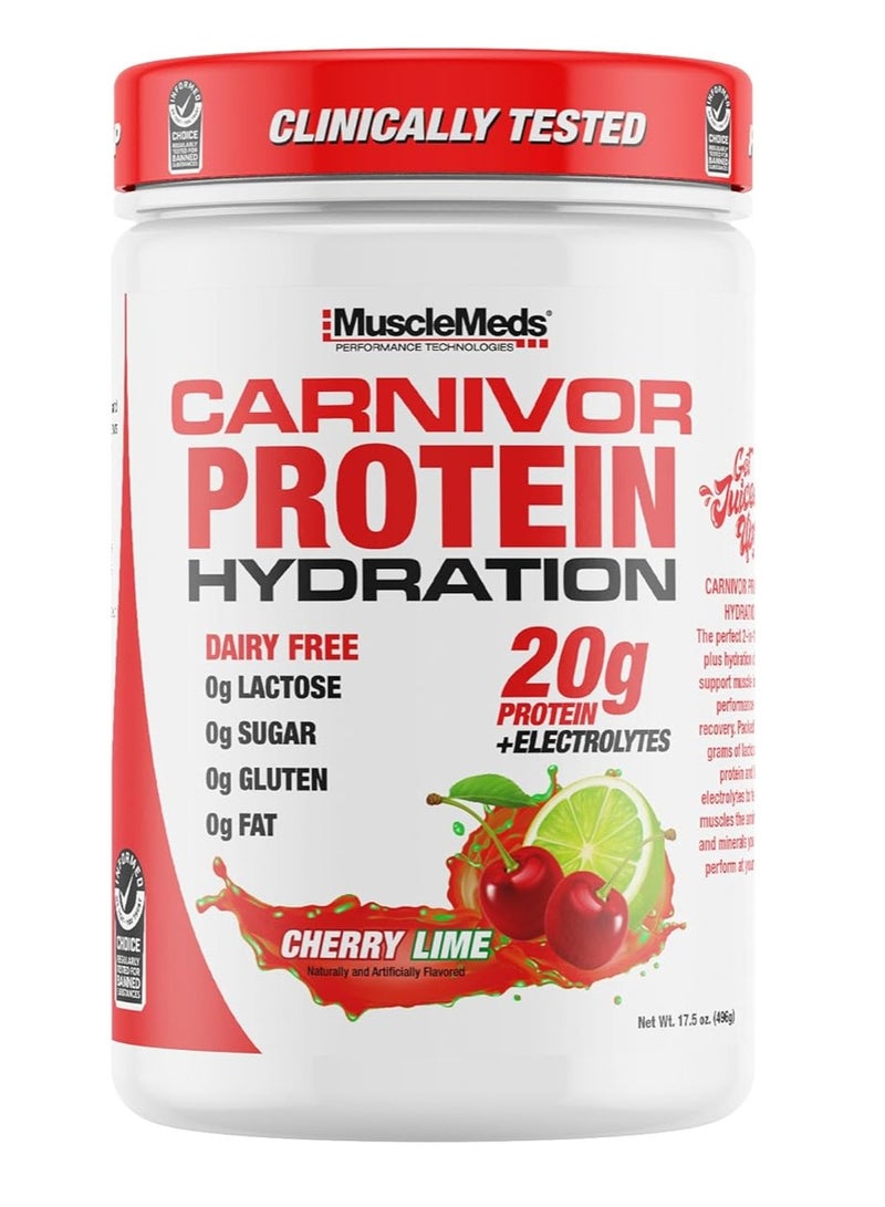 MuscleMeds Carnivor Protein Hydration Drink Powder, 20g Refreshing Protein Isolate, Lactose Free, Sugar Free, Electrolytes, Muscle Building, Recovery, Halal Certified, Cherry Lime, 20 Serve - Image 1