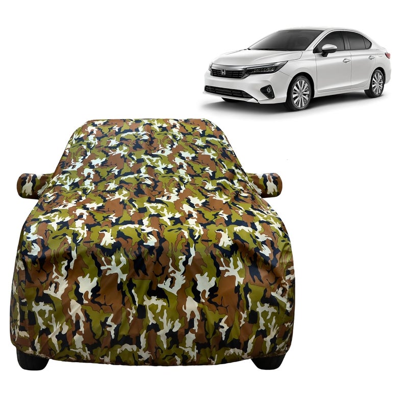 VYAS 100% Waterproof Car Body Cover for Latest Honda City (2017-2025) with Mirror Pocket Triple Stitched Belt & Buckle Fitting Dual Elastic, Durable Material Jungle Print Camouflage Design - Image 1