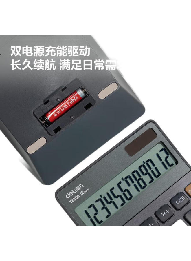 Deli Metal Panel Desktop Calculator, Dual Power Slim And Lightweight Body, Modern Office Style, 12-Digit Large Screen Display, Te309 Dark Gray - Image 1