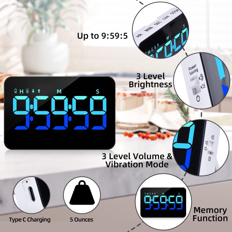 PERSUPER Kitchen Digital Timer, Count Down Up, Rechargeable, Vibration Mode Adjustable Volume and Brightness LED Display, Time Management Cook, Desk, Kids Adults Study Teaching, Kitchen Gadgets - Image 2