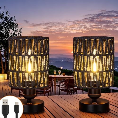 ALL FORTUNE Cordless Rechargeable Outdoor Table Lamps Battery Operated Table Lamp Stepless Dimmable for Patio Living Room and Bedroom Bulb Included Set of 2 Black - Image 1