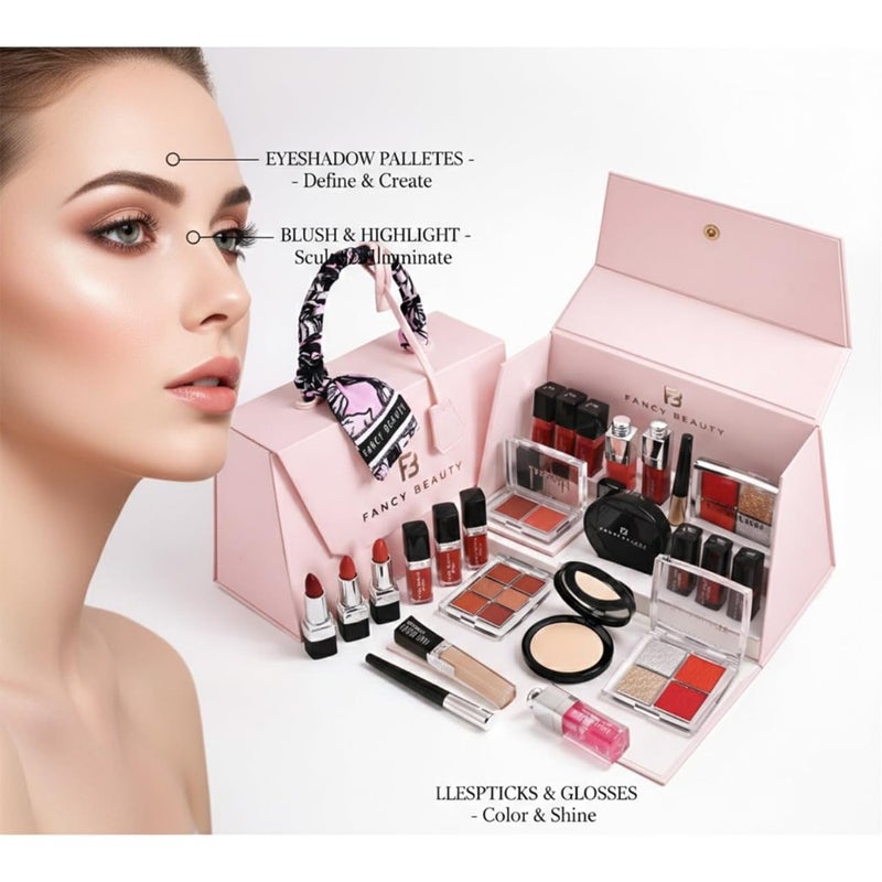 Luxury Makeup Set Elegant Pink Handbag with Lipstick Eye Shadow Powder Concealer Lip Liner Gloss Perfect Gift for Women Travel Home Office Use 7 PCS Cosmetic Set - Image 2