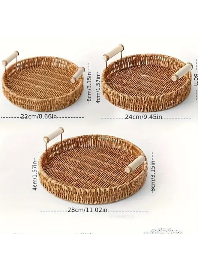 Large 10 63in Handwoven Rattan Style Round Tray Wooden Handle Vintage Storage Farmhouse Decor - Image 4