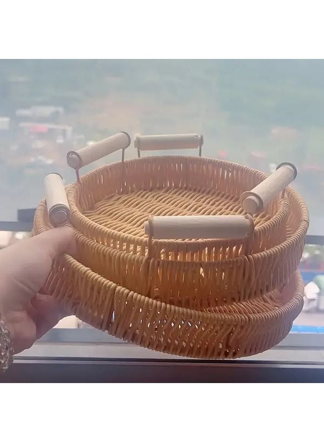 Large 10 63in Handwoven Rattan Style Round Tray Wooden Handle Vintage Storage Farmhouse Decor - Image 3