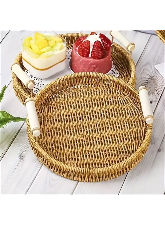 Large 10 63in Handwoven Rattan Style Round Tray Wooden Handle Vintage Storage Farmhouse Decor - Image 1