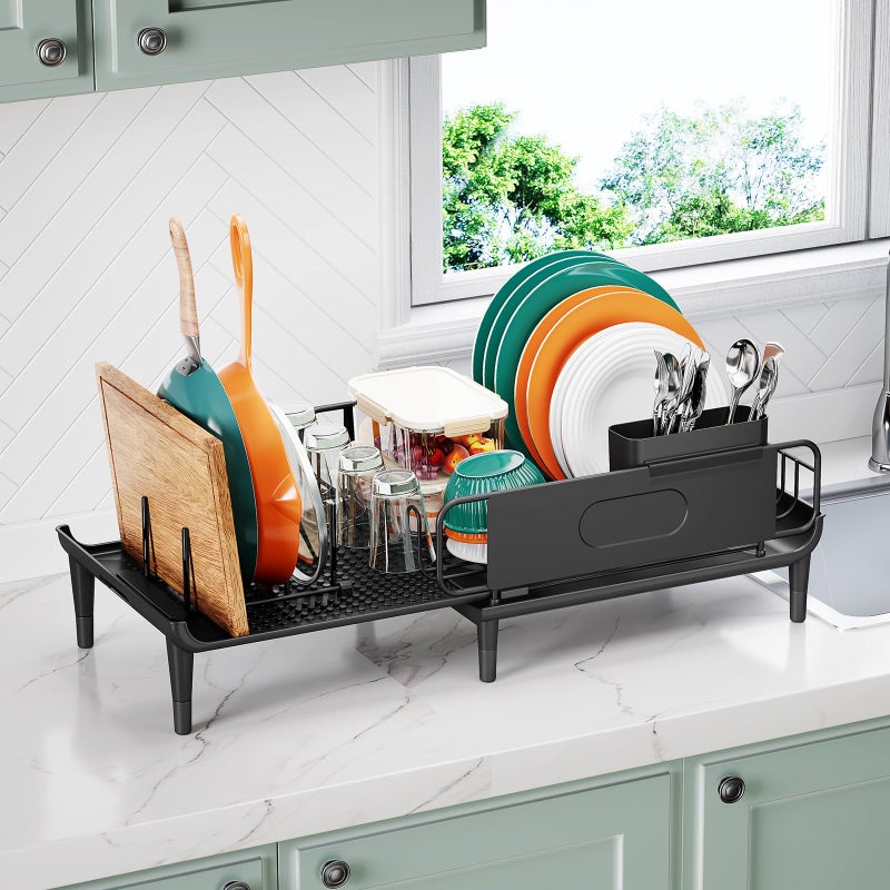 Urackify Large Extendable Dish Drying Rack, 16.93" to 26.57" Expandable Dish Rack for Kithen Counter, with Multifunctional Drainboard, Fits Any Sink, Heavy-Duty Steel Plate Drainer for Countertop Organization - Image 2