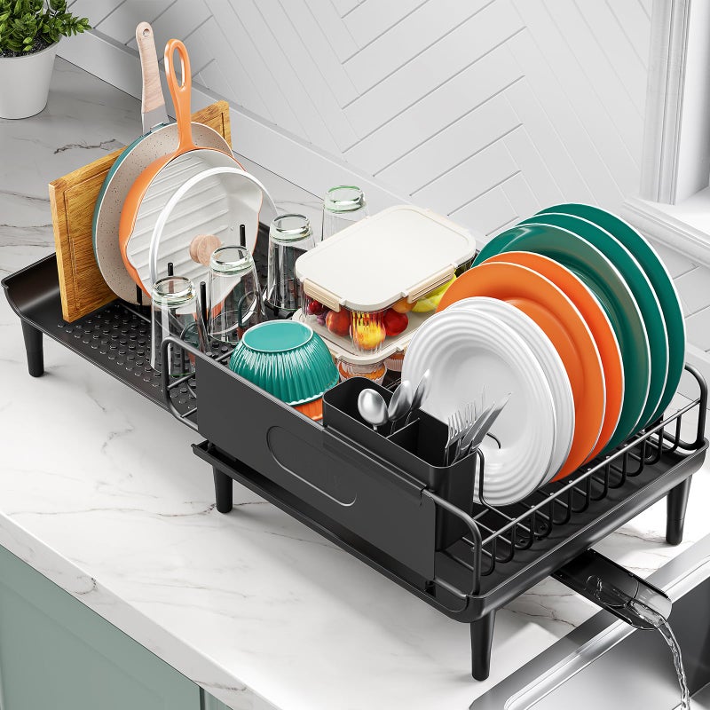 Urackify Large Extendable Dish Drying Rack, 16.93" to 26.57" Expandable Dish Rack for Kithen Counter, with Multifunctional Drainboard, Fits Any Sink, Heavy-Duty Steel Plate Drainer for Countertop Organization - Image 1