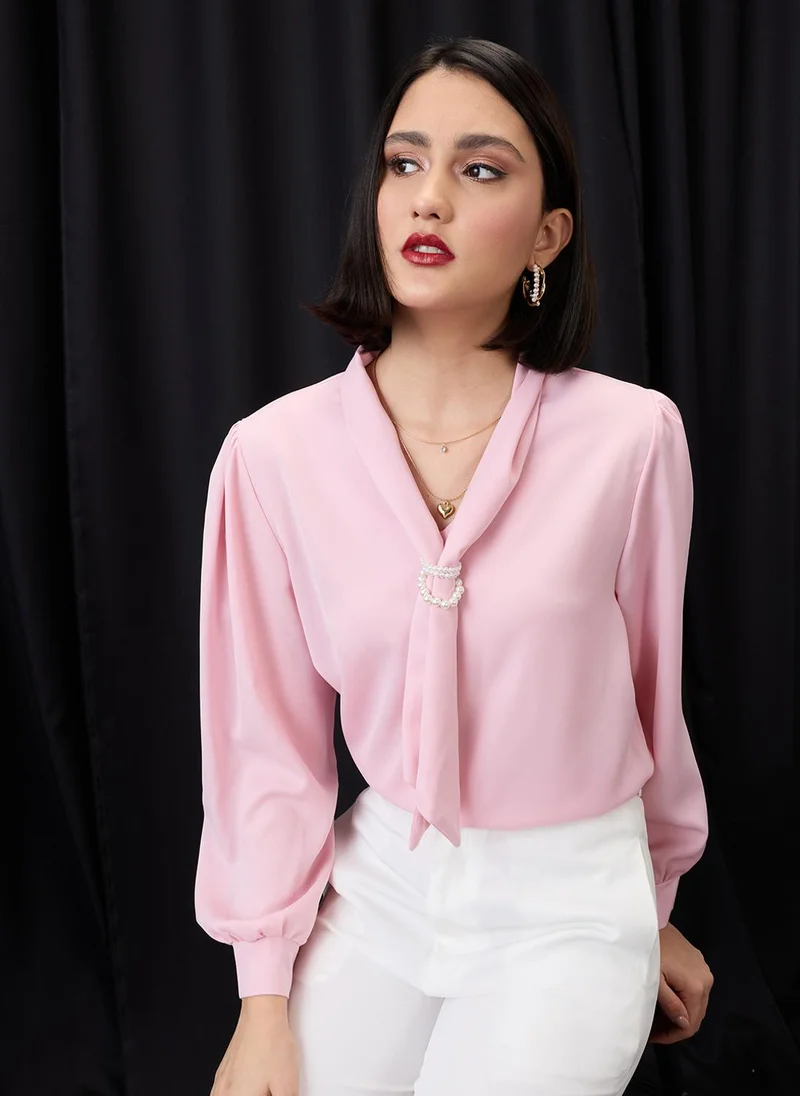 globus Globus Women Pink Tie-Up Neck Cuff Sleeves Workwear Top