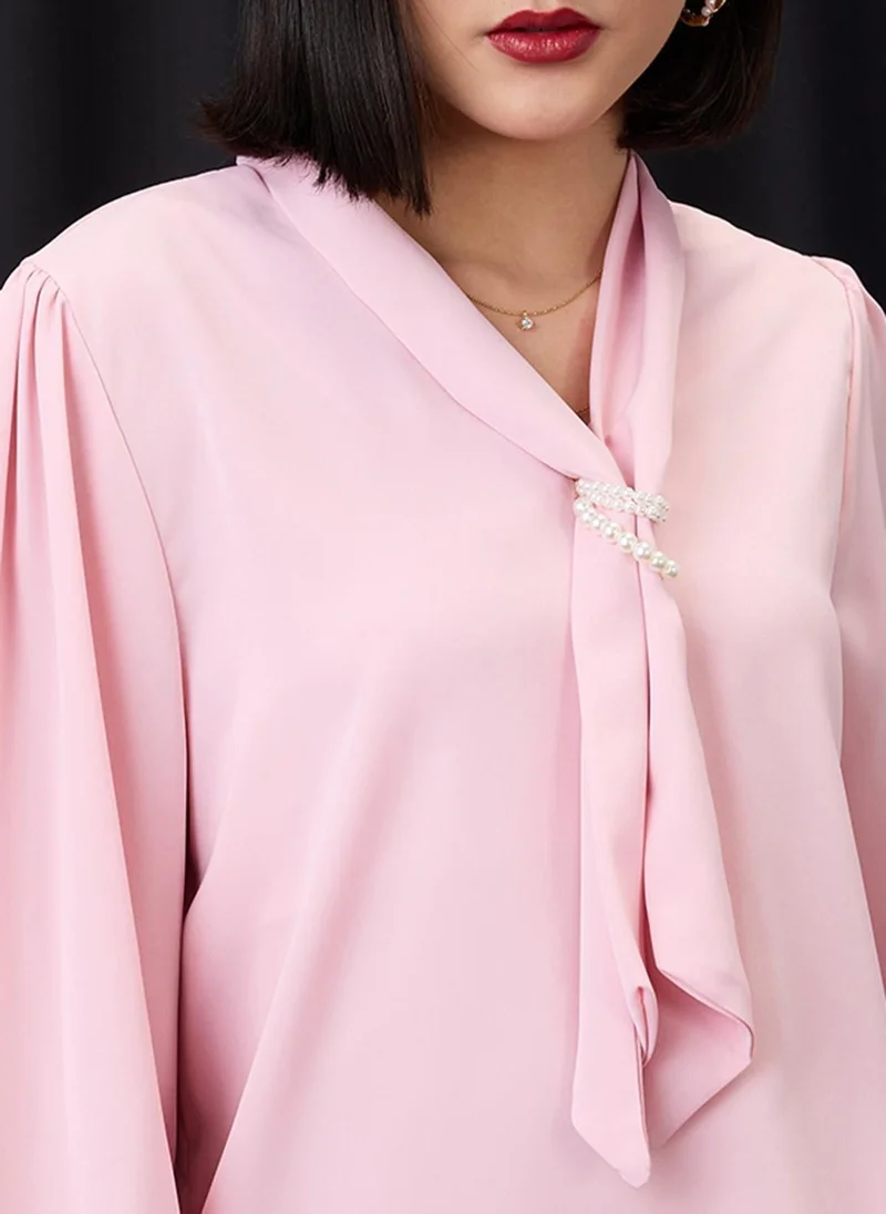 globus Globus Women Pink Tie-Up Neck Cuff Sleeves Workwear Top