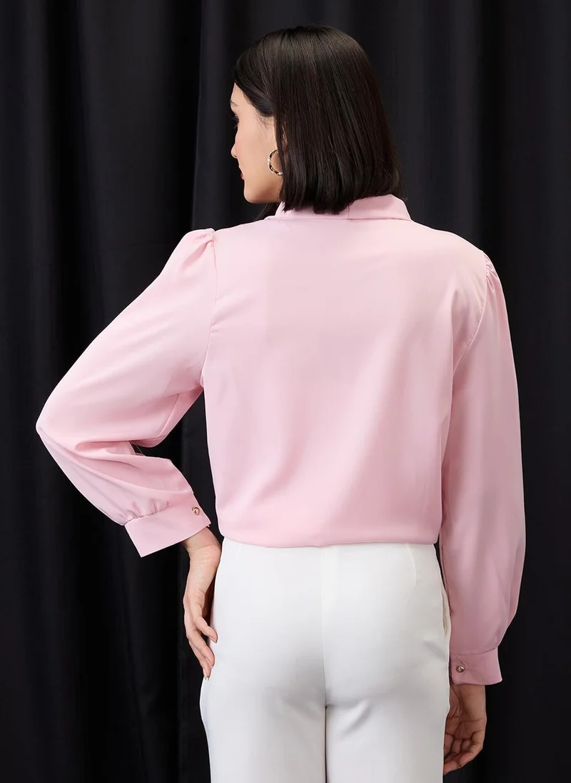 globus Globus Women Pink Tie-Up Neck Cuff Sleeves Workwear Top