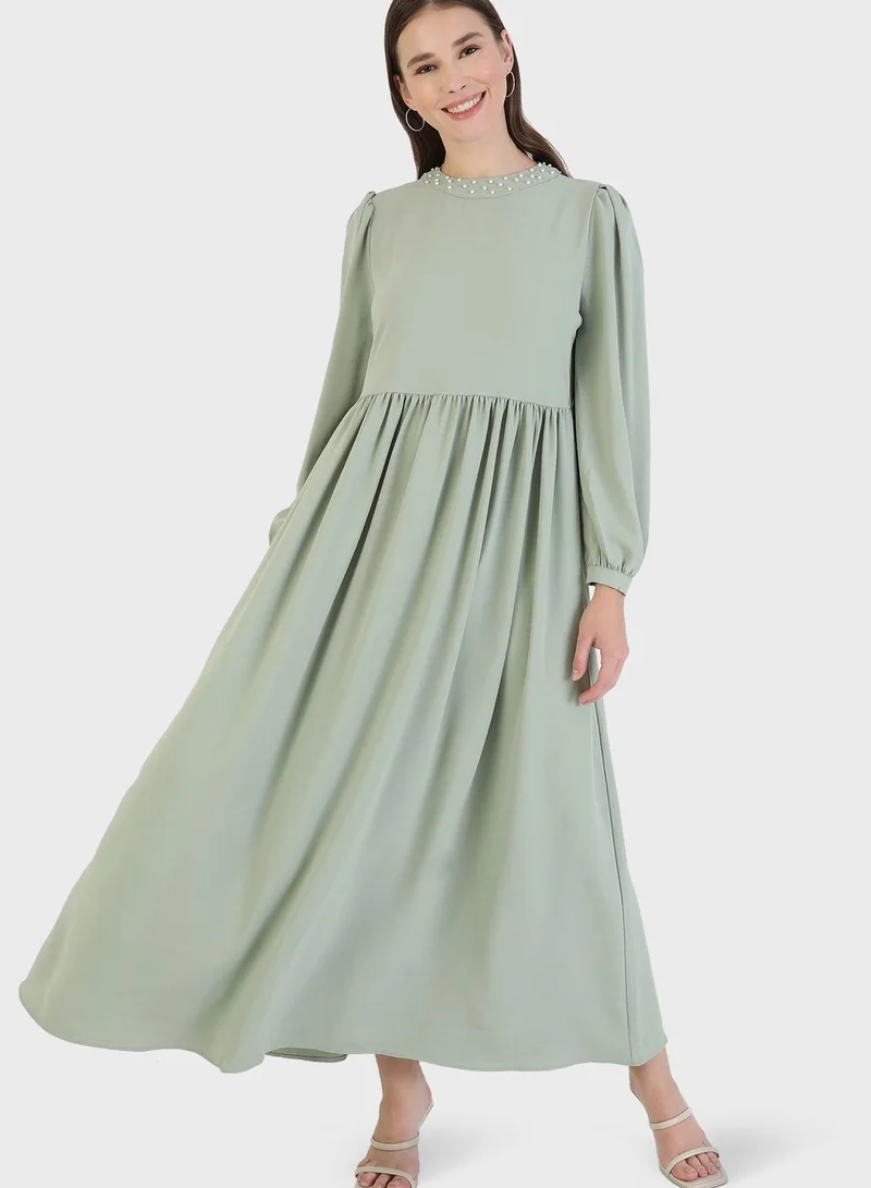 Refka by modanisa Crew Neck Balloon Sleeve Pleat Detail Dress