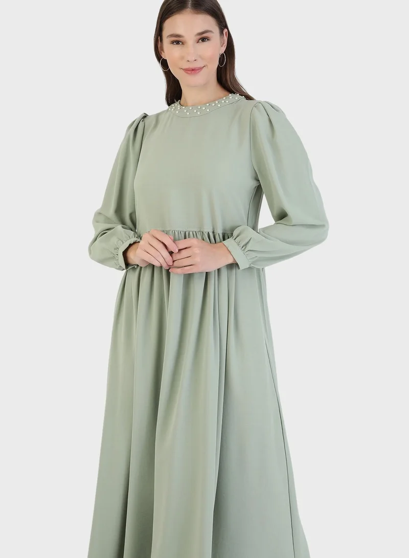 Refka by modanisa Crew Neck Balloon Sleeve Pleat Detail Dress