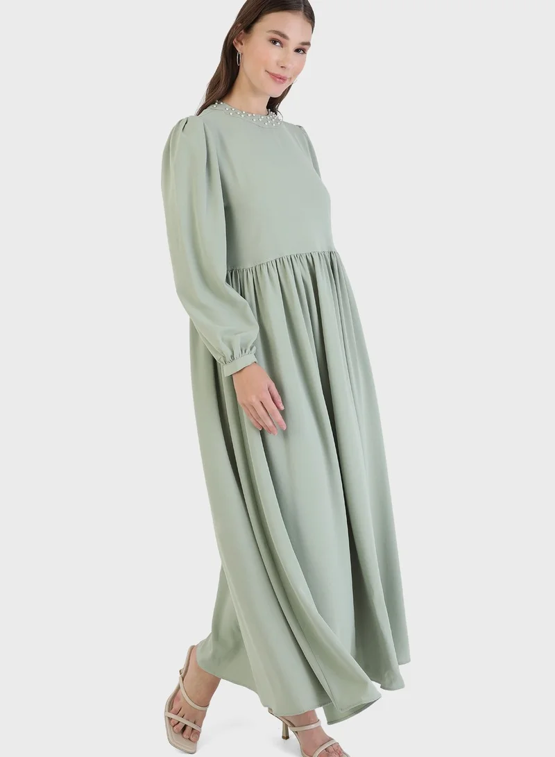 Refka by modanisa Crew Neck Balloon Sleeve Pleat Detail Dress