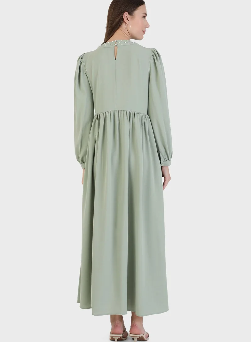 Refka by modanisa Crew Neck Balloon Sleeve Pleat Detail Dress