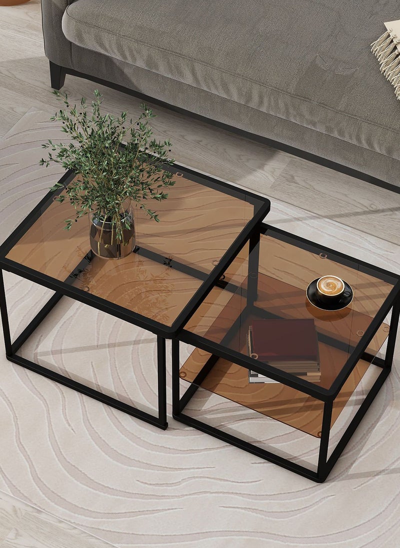 Sharpdo Modern Nested Coffee Table Set,Brown Tempered Glass  Side Table,End Table for Living Room - Image 1