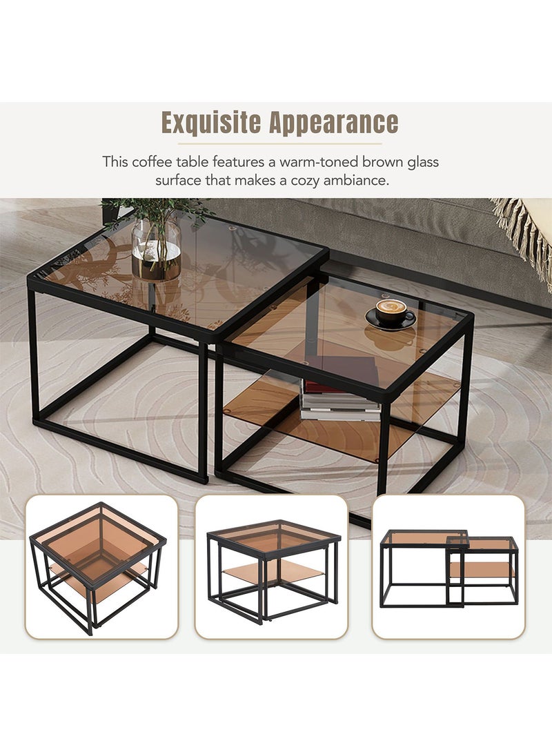 Sharpdo Modern Nested Coffee Table Set,Brown Tempered Glass  Side Table,End Table for Living Room - Image 4