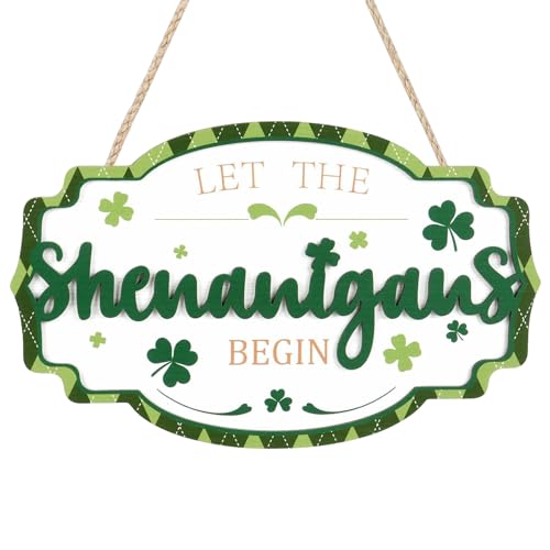 rosulasi St Patricks Day Door Sign Decorations Let The Shenanigans Begin Irish Shamrock Wreaths for Front Door Sign Wood Saint Patrick's Day Spring Hanging Decor Indoor Outdoor for Home Office Party 11.4x7in - Image 1