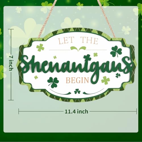 rosulasi St Patricks Day Door Sign Decorations Let The Shenanigans Begin Irish Shamrock Wreaths for Front Door Sign Wood Saint Patrick's Day Spring Hanging Decor Indoor Outdoor for Home Office Party 11.4x7in - Image 2