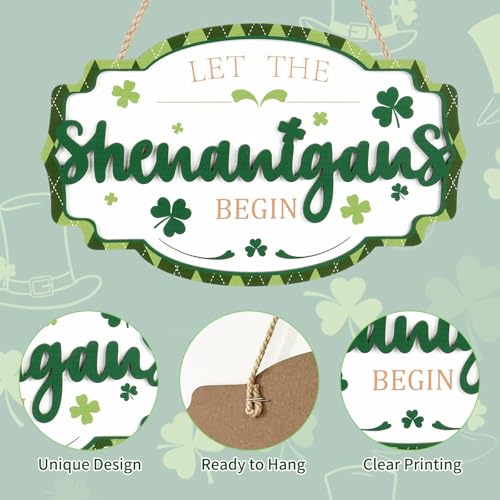 rosulasi St Patricks Day Door Sign Decorations Let The Shenanigans Begin Irish Shamrock Wreaths for Front Door Sign Wood Saint Patrick's Day Spring Hanging Decor Indoor Outdoor for Home Office Party 11.4x7in - Image 3
