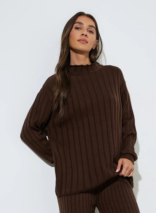 Styli  Brown Ribbed Knit Longline Sweater And Pants Co-Ords for Women | Best Price UAE