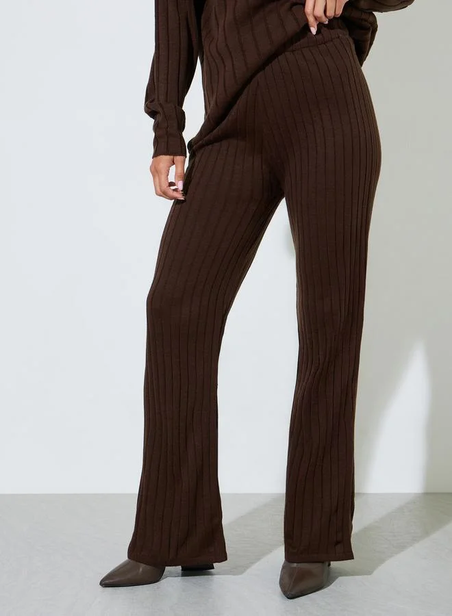 Styli  Brown Ribbed Knit Longline Sweater And Pants Co-Ords for Women | Best Price UAE
