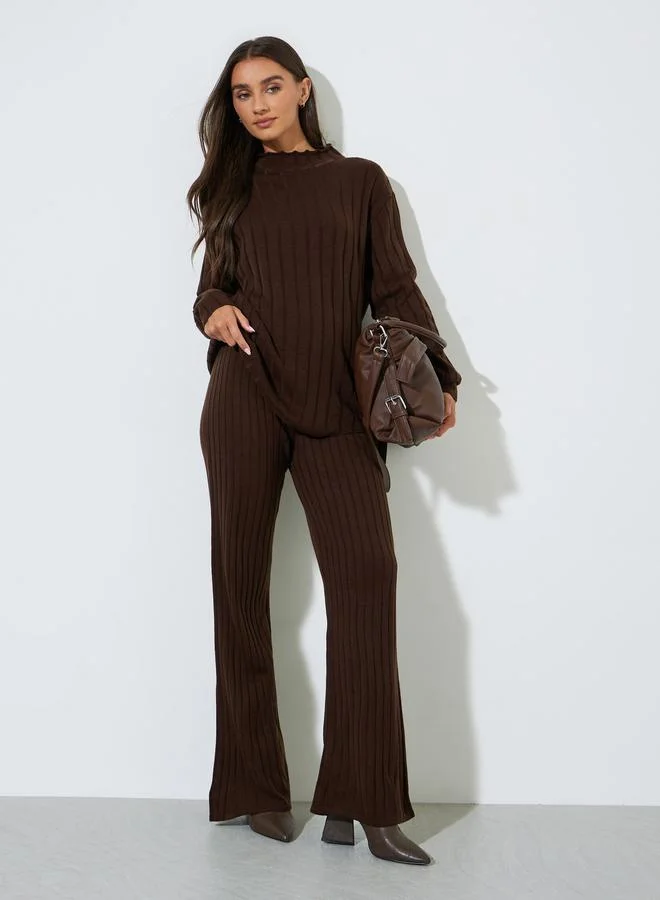 Brown Ribbed Knit Longline Sweater And Pants Co-Ords