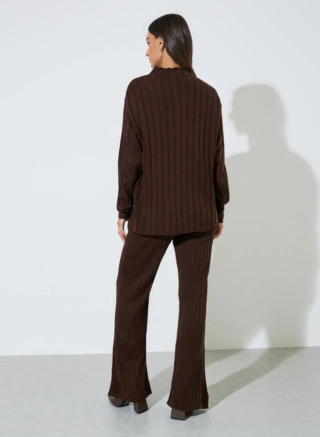 Styli  Brown Ribbed Knit Longline Sweater And Pants Co-Ords for Women | Best Price UAE