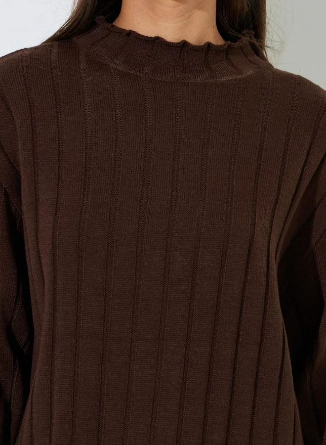 Styli  Brown Ribbed Knit Longline Sweater And Pants Co-Ords for Women | Best Price UAE