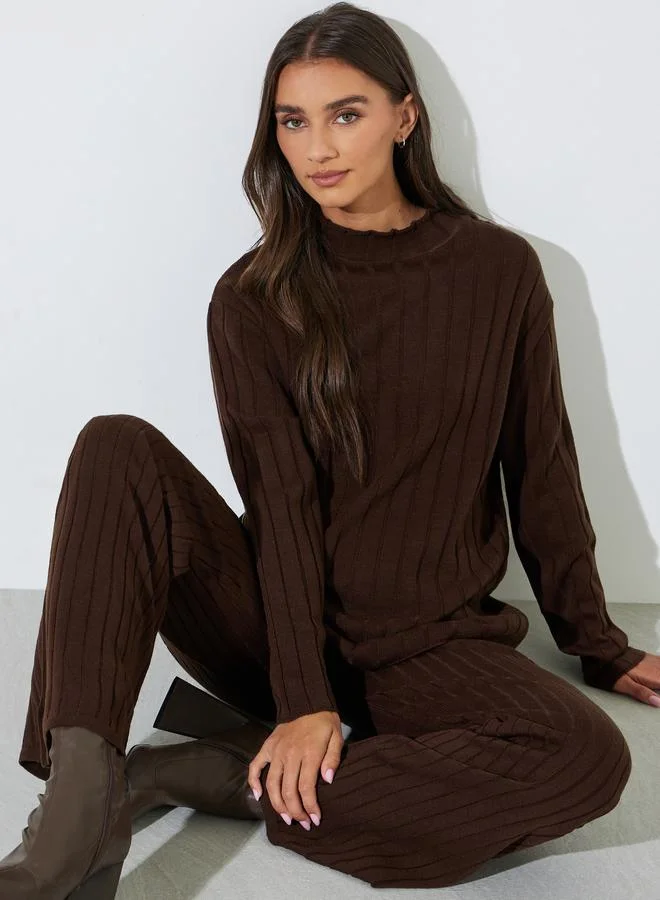 Styli  Brown Ribbed Knit Longline Sweater And Pants Co-Ords for Women | Best Price UAE