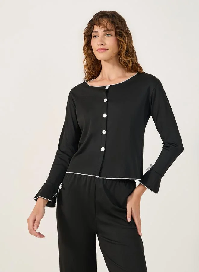 Styli Solid Long Sleeve Button Front Pajama Set