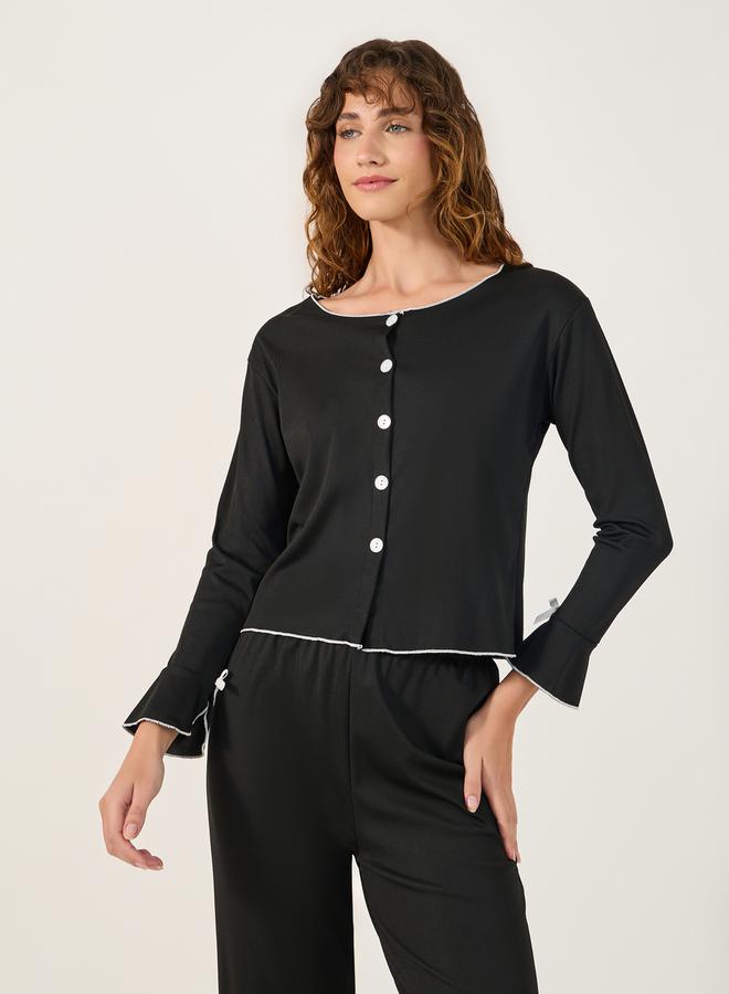 Styli Solid Long Sleeve Button Front Pajama Set  - Image 3
