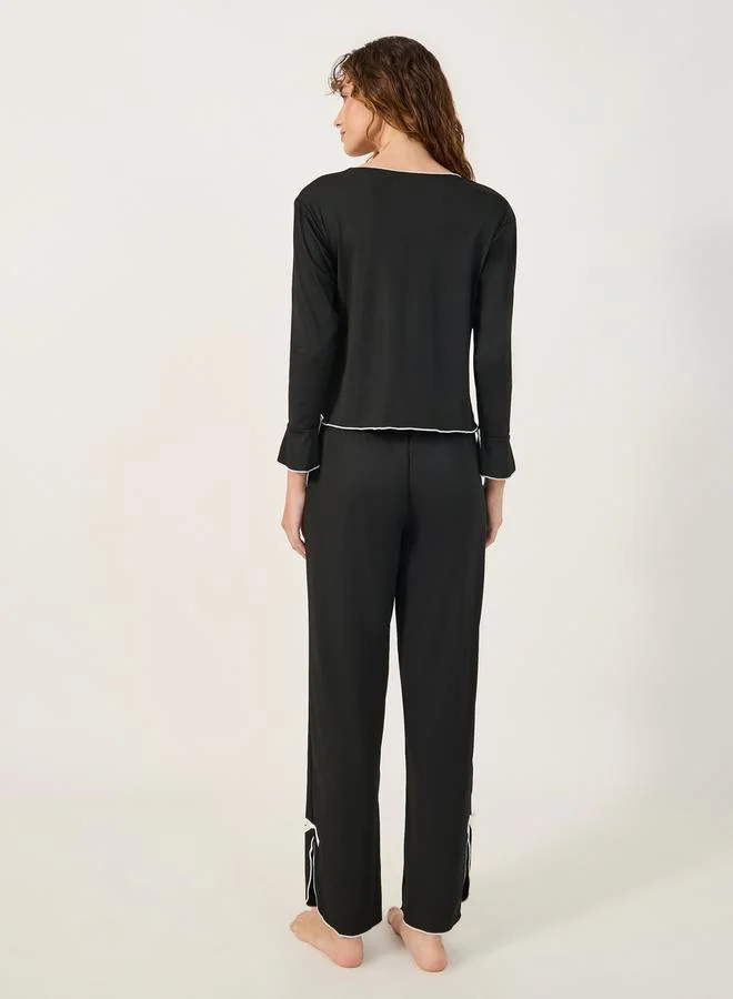 Styli Solid Long Sleeve Button Front Pajama Set