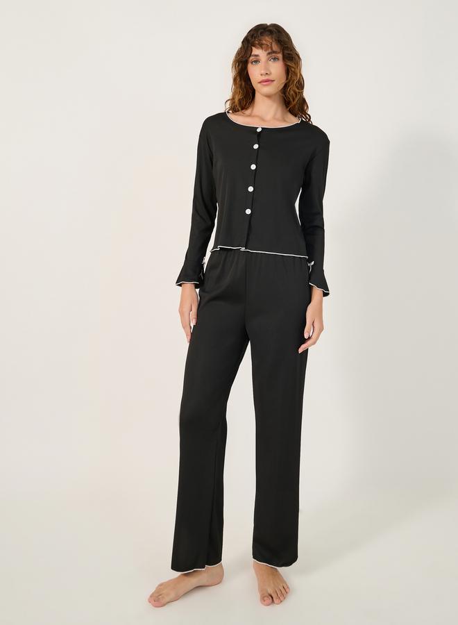 Styli Solid Long Sleeve Button Front Pajama Set  - Image 2