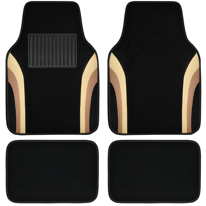 CAR PASS Beige Leather Car Floor Mats, Sporty Waterproof Car Carpet,Universal Automotive Floor Mats Fit for Sedans, Cars, Mid Trucks, Vans, SUV, Set of 4 (Black and Beige) - Image 1