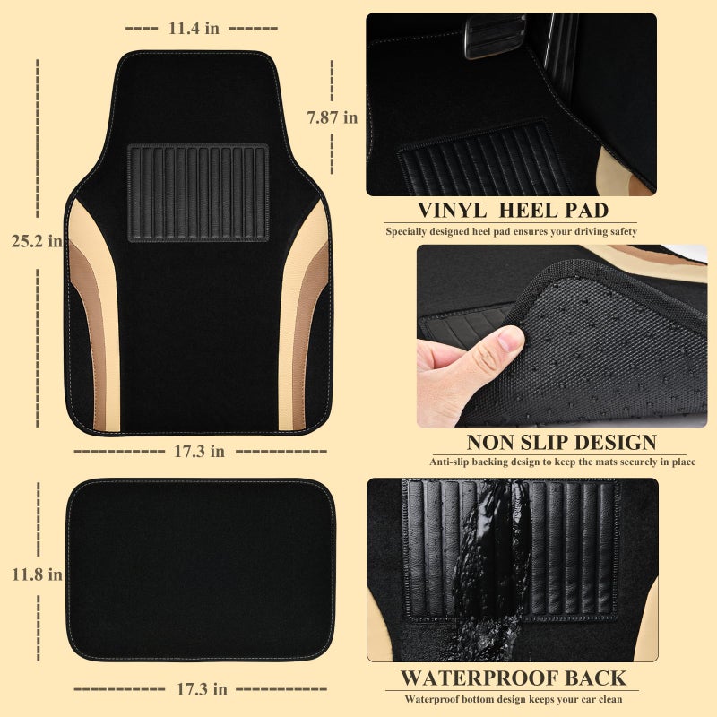 CAR PASS Beige Leather Car Floor Mats, Sporty Waterproof Car Carpet,Universal Automotive Floor Mats Fit for Sedans, Cars, Mid Trucks, Vans, SUV, Set of 4 (Black and Beige) - Image 3