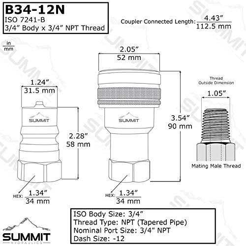 Summit Hydraulics 3/4" NPT ISO 7241-B Quick Disconnect Hydraulic Coupling/Coupler Set - Image 2