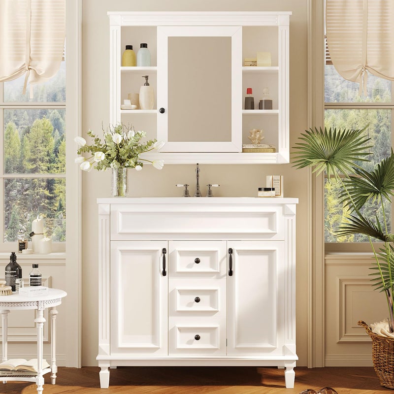Merax 36 Bathroom Vanity with Sink Top and Matching Mirror Medicine Cabinet Large White Bathroom Storage Cabinet Set