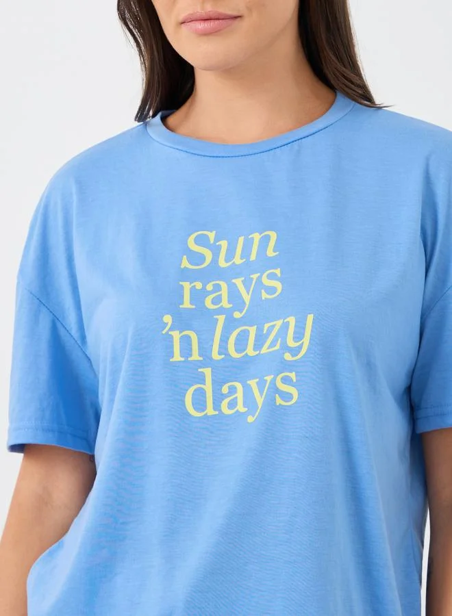 ستايلي Styli Slogan Print Round Neck T-Shirt and Pyjama Set