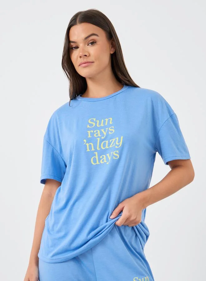 ستايلي Styli Slogan Print Round Neck T-Shirt and Pyjama Set