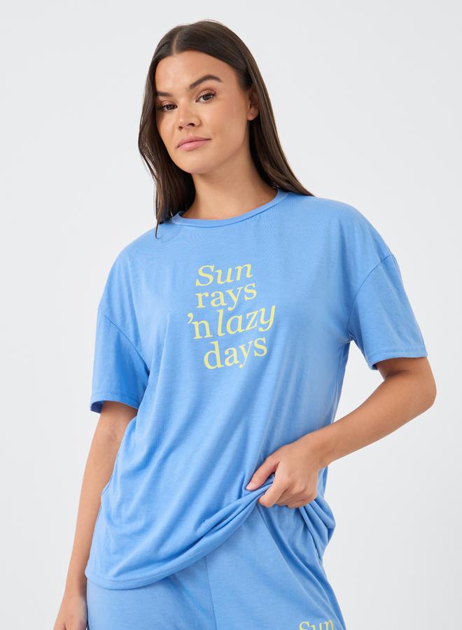 Styli Slogan Print Round Neck T-Shirt and Pyjama Set - Image 2