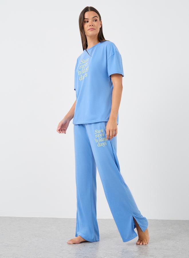 Styli Slogan Print Round Neck T-Shirt and Pyjama Set - Image 1