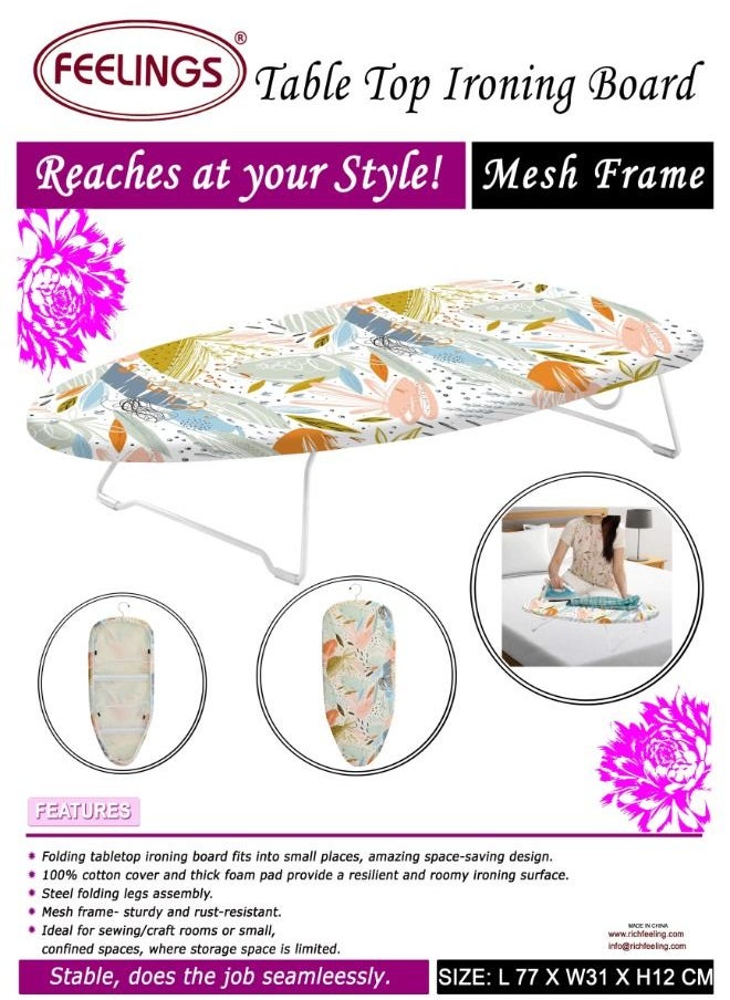 Feelings - Table Top Mesh Ironing Board Multicolour Ironing Table With Iron Holder Foldable And Adjustable 77x31x12cm - Image 1