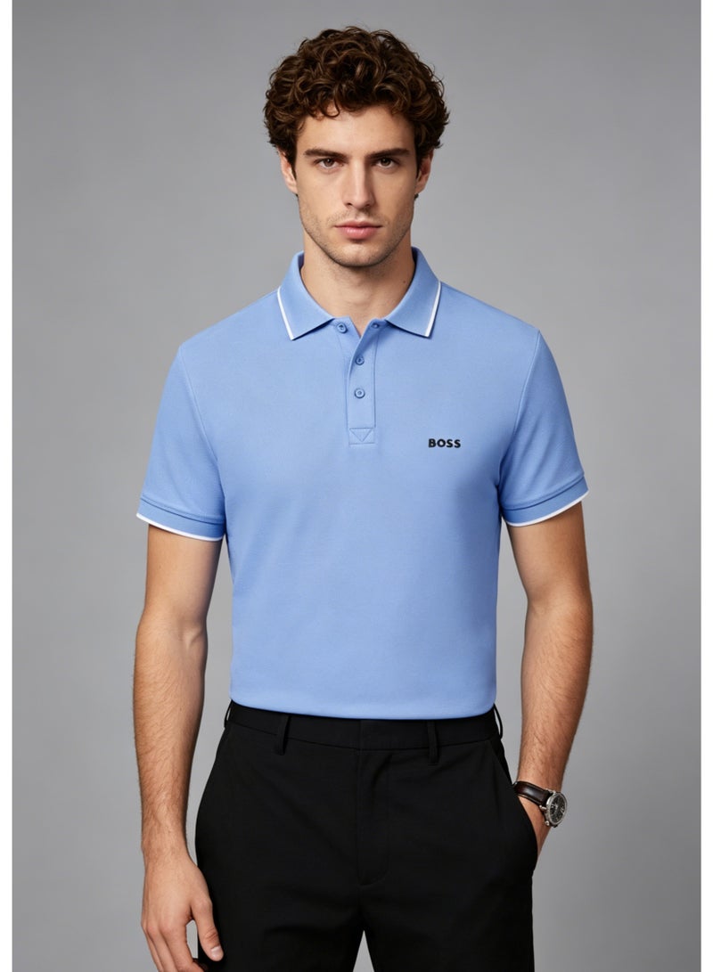 BOSS Men's Short Sleeve Contrast Tipped Polo Shirt, Calm Casual Regular Fit, Light Blue - Image 4