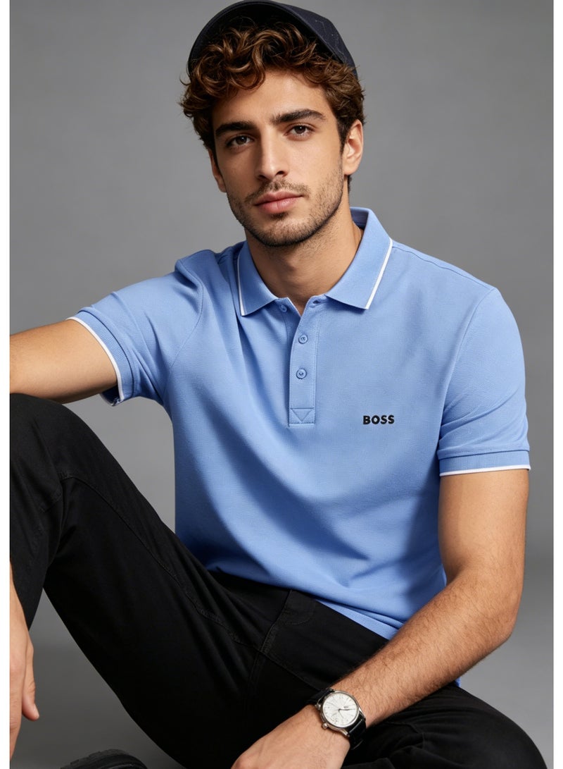 BOSS Men's Short Sleeve Contrast Tipped Polo Shirt, Calm Casual Regular Fit, Light Blue - Image 1