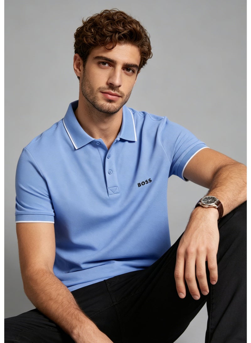 BOSS Men's Short Sleeve Contrast Tipped Polo Shirt, Calm Casual Regular Fit, Light Blue - Image 2