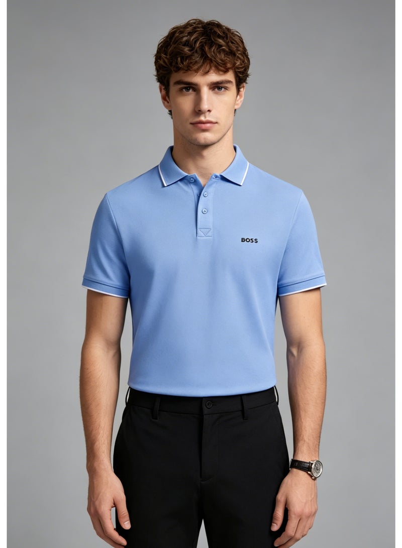 BOSS Men's Short Sleeve Contrast Tipped Polo Shirt, Calm Casual Regular Fit, Light Blue - Image 3