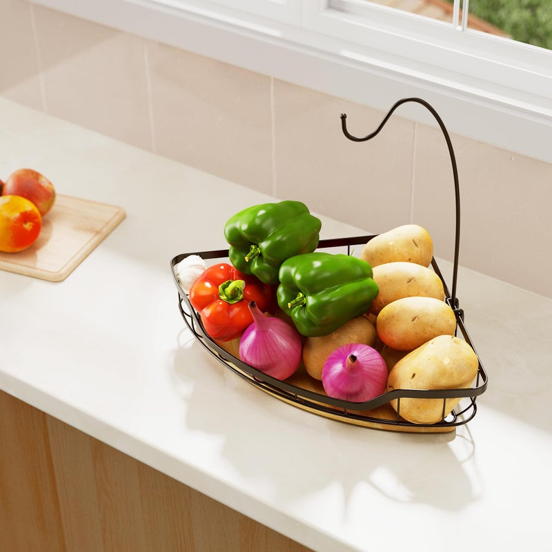 CACHOLIV Fruit Holder for Kitchen Countertop with Banana Hanger, Vegetable Basket with Bamboo Base for Kitchen Corner Storage, Black - Image 3